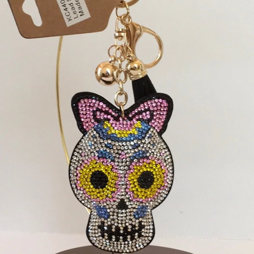 Halloween! Shiny Whimsical Girl Rhinestone Skull Keychain NWT